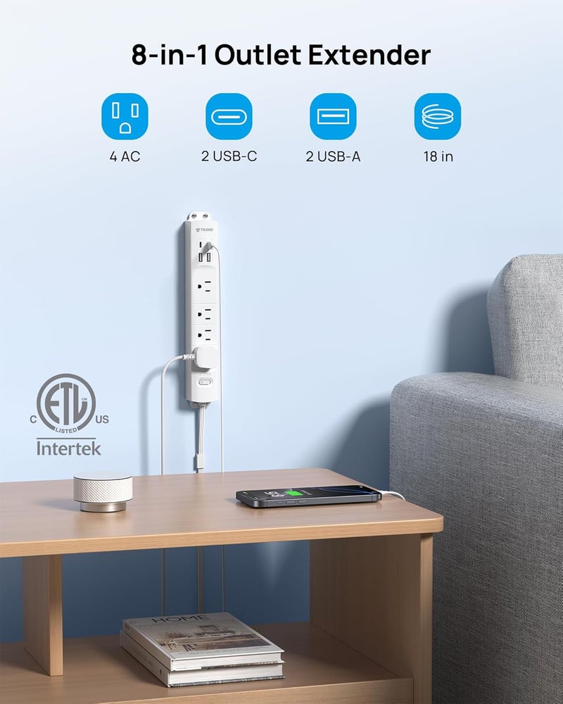 TROND Power Strip Outlet Extender with 360° Rotating Plug, 1.5FT Extension Cord with Multi Plug Wall Outlets and 4 USB (2 USB C), 1440J Surge Protector, Mountable for Couche, Nightstand, Desk, White - Image 3
